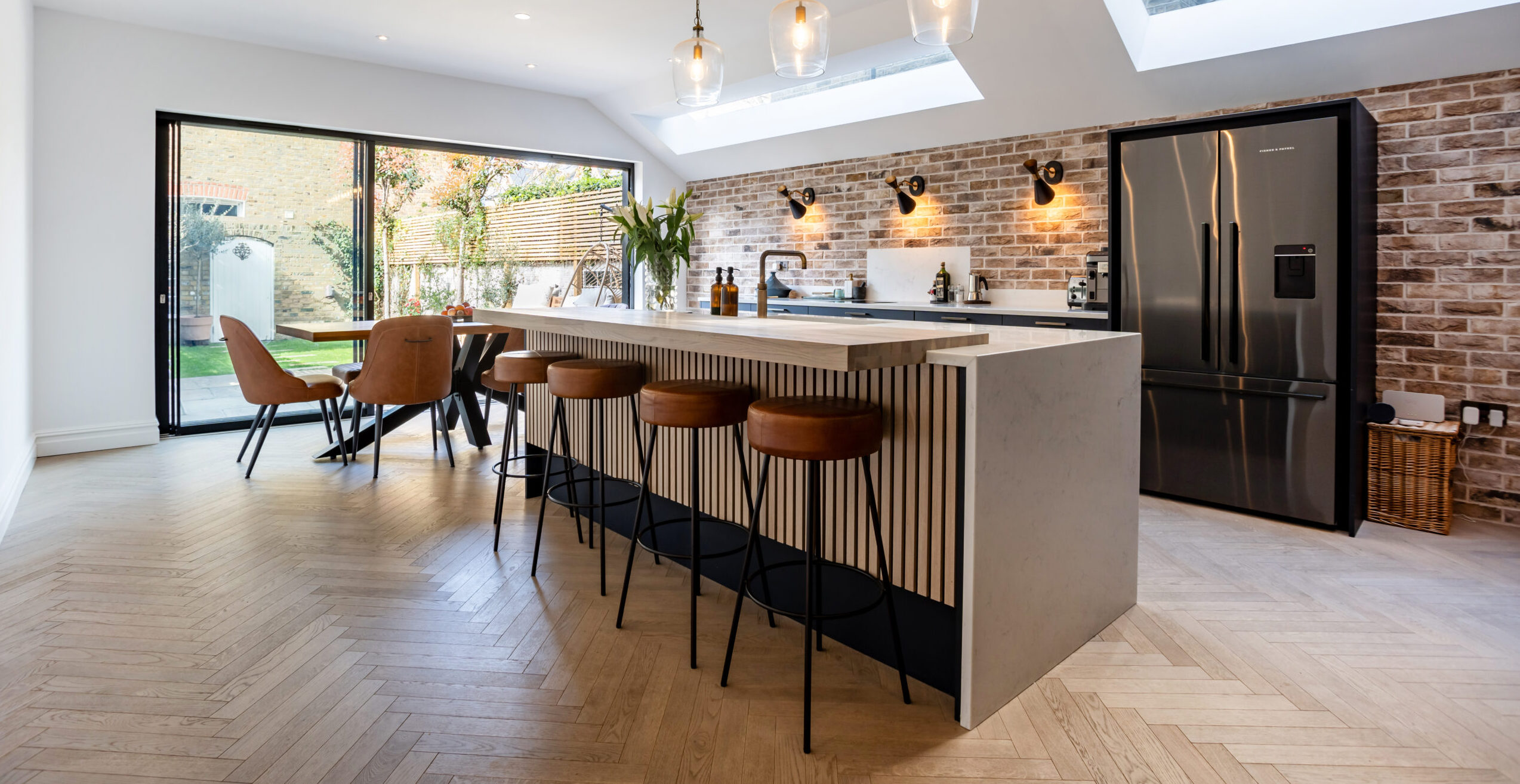 kitchen with tall bar stools