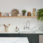 kitchen worktop with floating shelves and sink