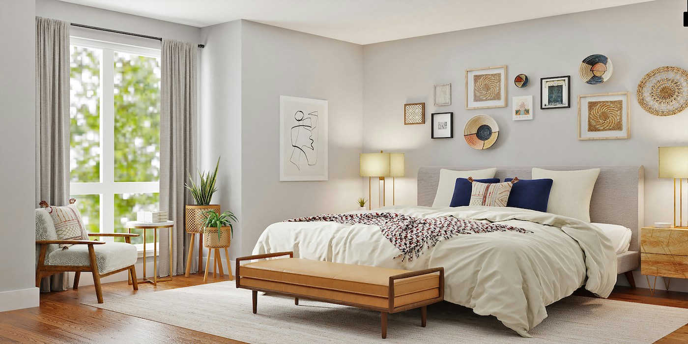 modern bedroom with grey walls and coffee table